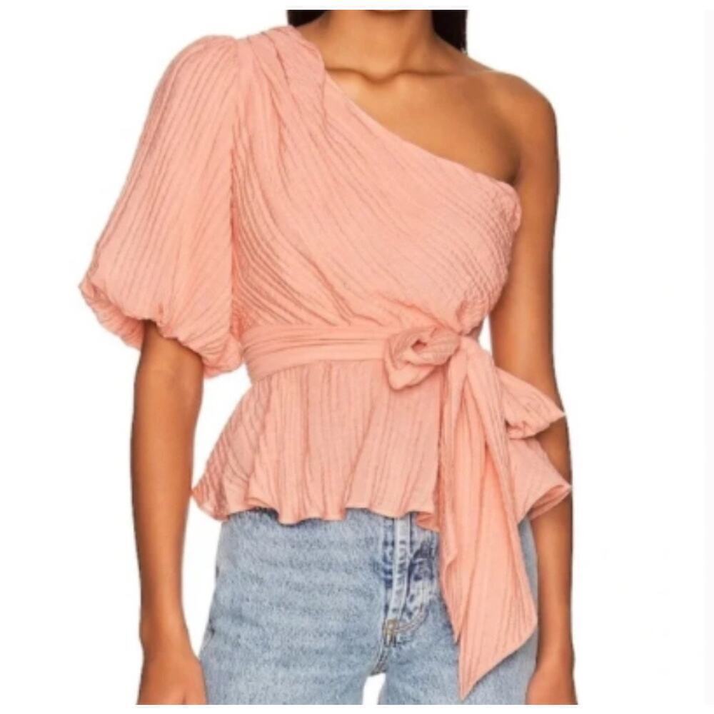 MinkPink Womens Vera Balloon Sleeve Lightweight One Shoulder Blouse Rose Size S